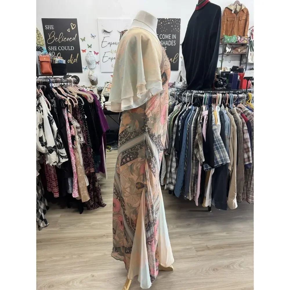 Free People Fairy Combo Floral Chiffon Maxi Dress Pink Flutter Sleeve Size M